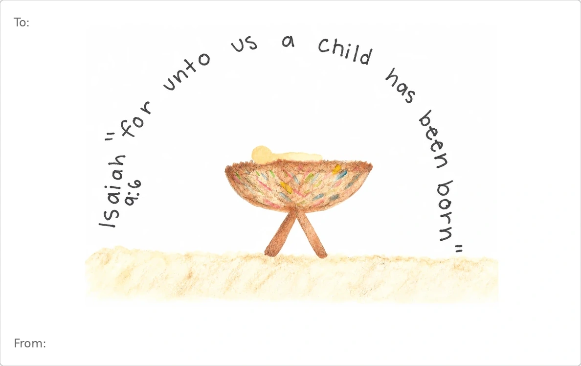 Viv’s hand-drawn Unto Us a Child Is Born Christmas artwork with To and From placed to match the actual printed gift tag