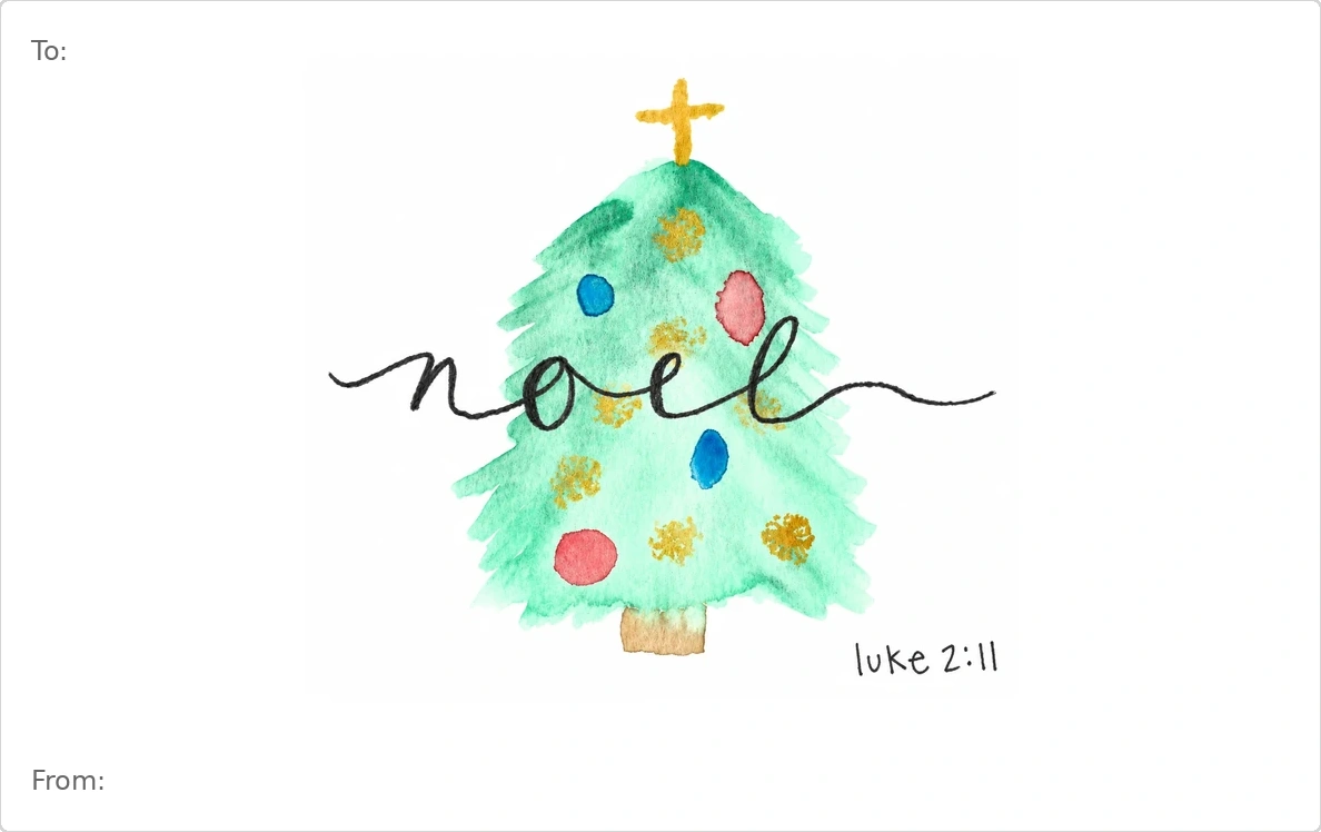 Viv’s hand-drawn Noel Christmas Tree Christmas artwork with To and From placed to match the actual printed gift tag