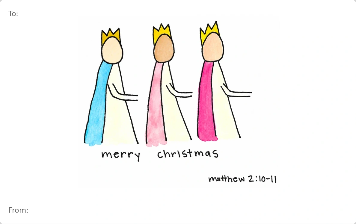 Viv’s hand-drawn Three Kings Christmas artwork with To and From placed to match the actual printed gift tag
